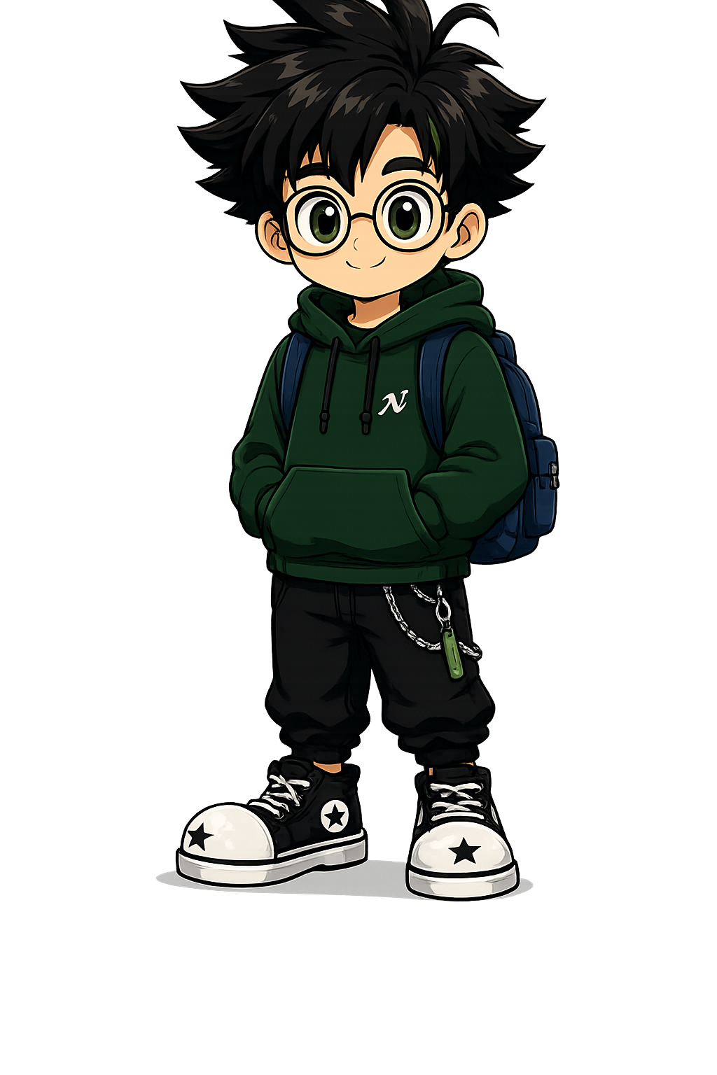 Avatar de Fredy: personaje estilo manga con lentes redondos, cabello negro con mechón verde, hoodie verde con logo N y mochila azul